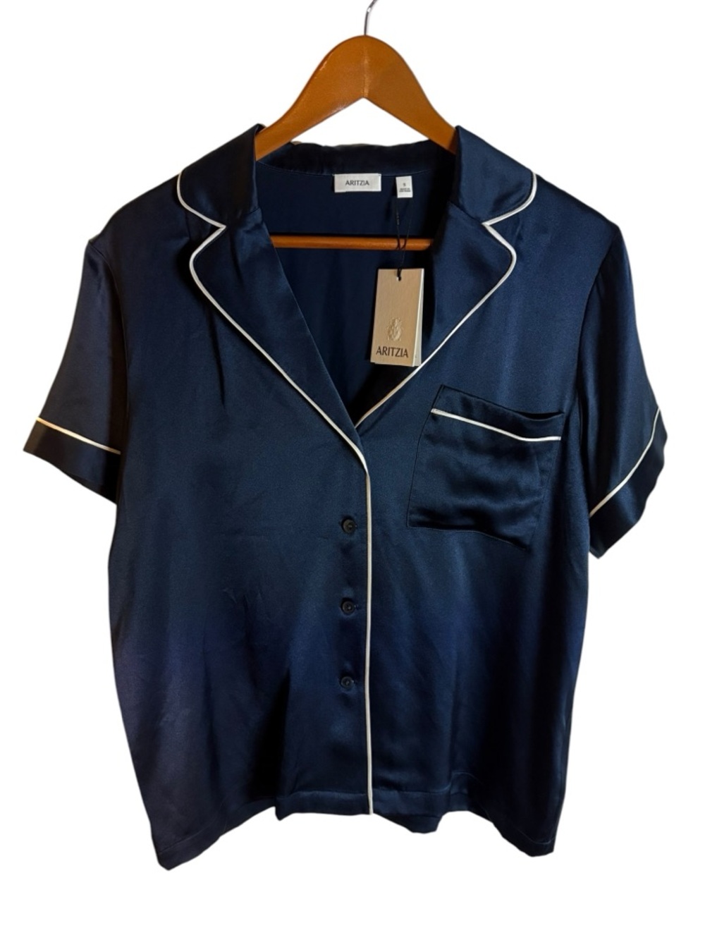 Aritzia NWT silk pajama set in navy blue with contrast piping - Picture 3 of 7
